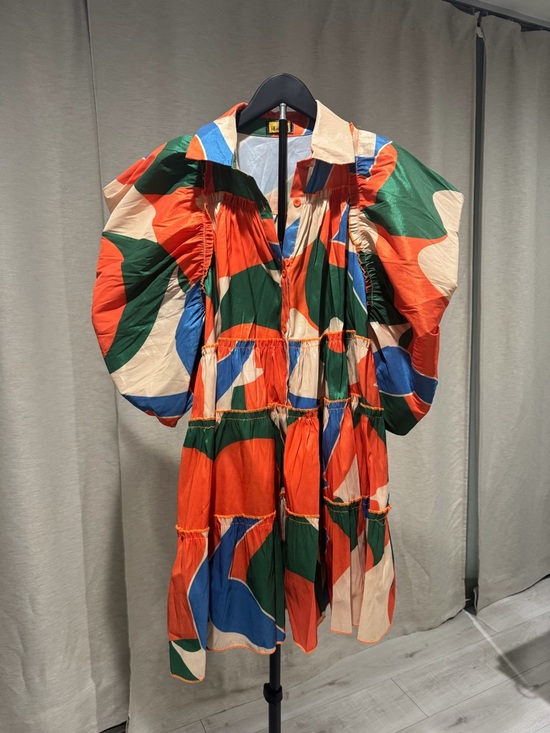 Dresses & Skirts - Color-Block Puff Sleeve Tiered Dress in Orange, Green & Blue